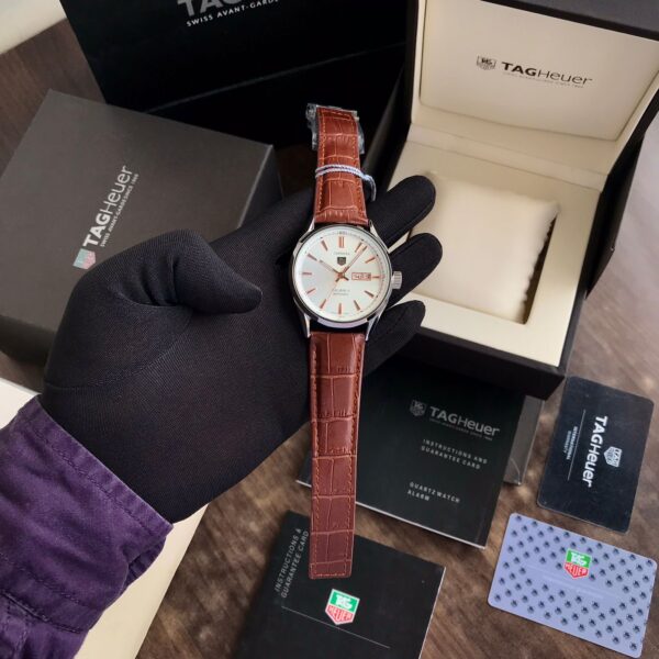 Tag Heuer Grand Carrera Calibre 5 Day Date White Copper Dial & Brown Leather Strap Swiss Japanese Automatic Machinery Mens Watch - Image 8