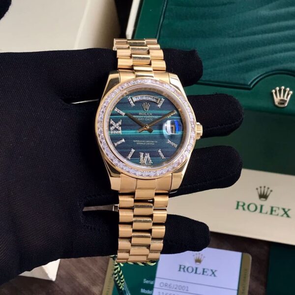 Exclusive Rolex Day Date Golden Green Dial & Diamond Basel Japanese Automatic Watch - Image 5