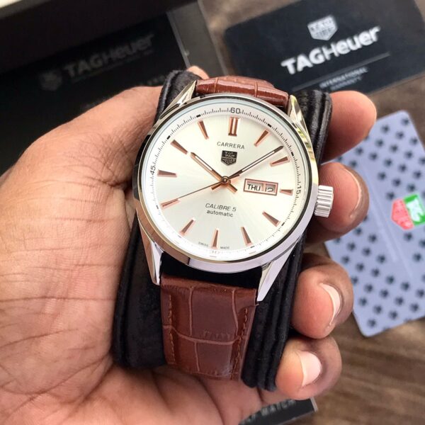 Tag Heuer Grand Carrera Calibre 5 Day Date White Copper Dial & Brown Leather Strap Swiss Japanese Automatic Machinery Mens Watch