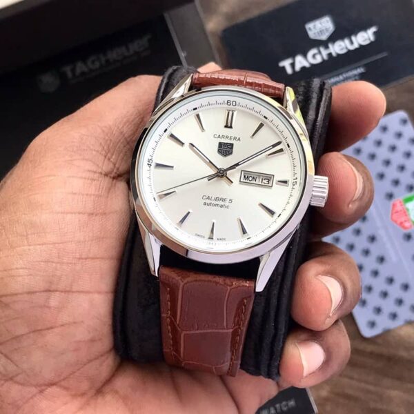 Tag Heuer Grand Carrera Calibre 5 Day Date White & Silver Dial & Brown Leather Strap Swiss Japanese Automatic Machinery Mens Watch