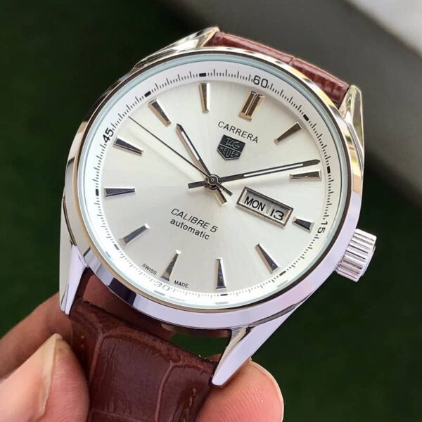 Tag Heuer Grand Carrera Calibre 5 Day Date White & Silver Dial & Brown Leather Strap Swiss Japanese Automatic Machinery Mens Watch - Image 3