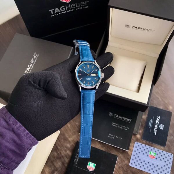 Tag Heuer Grand Carrera Calibre 5 Day Date Blue Dial & Blue Leather Strap Swiss Japanese Automatic Machinery Mens Watch - Image 7