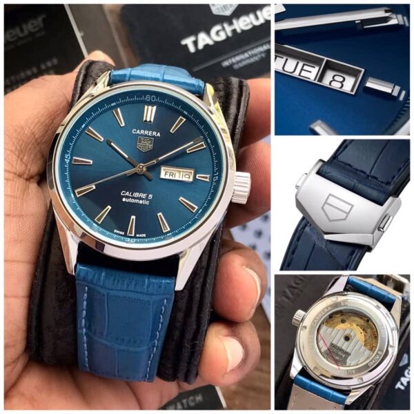 Tag Heuer Grand Carrera Calibre 5 Day Date Blue Dial & Blue Leather Strap Swiss Japanese Automatic Machinery Mens Watch - Image 6