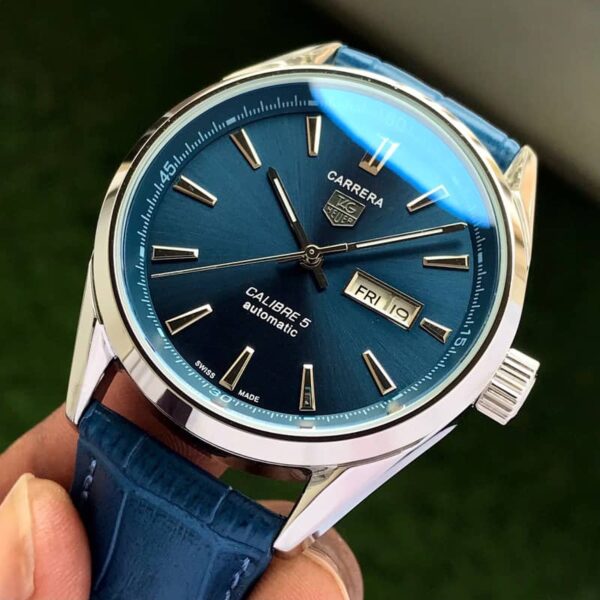 Tag Heuer Grand Carrera Calibre 5 Day Date Blue Dial & Blue Leather Strap Swiss Japanese Automatic Machinery Mens Watch - Image 3