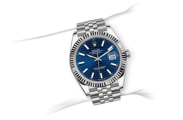 Rolex Date Just 41 Blue Motif Index Dial Fluted Bezel Jubilee Stainless Steel & Japanese Master Quality Mens Watch - Image 12